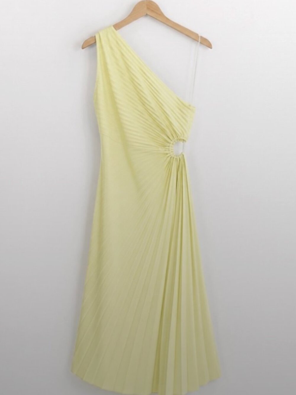 A.L.C. Yellow One Shoulder Cutout Pleated Midi Dress Faux Leather - Picture 5 of 9
